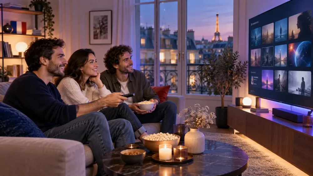 Amis profitant d’un service de divertissement sur Smart TV dans un salon français